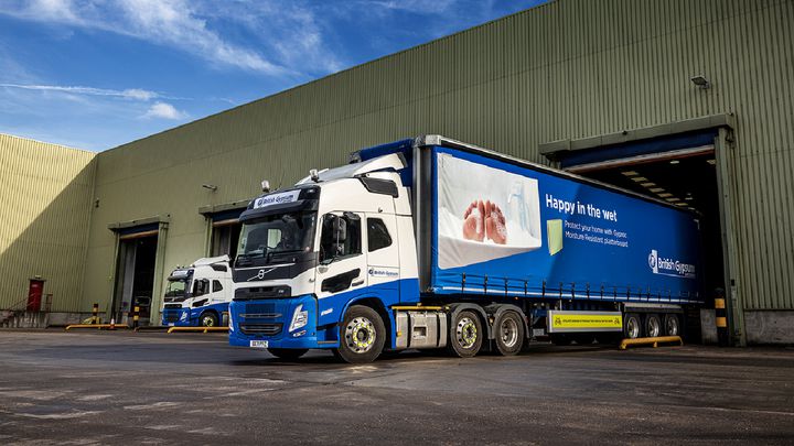 XPO and British Gypsum to opt for Volvo British Gypsum trucks in front XPO depot