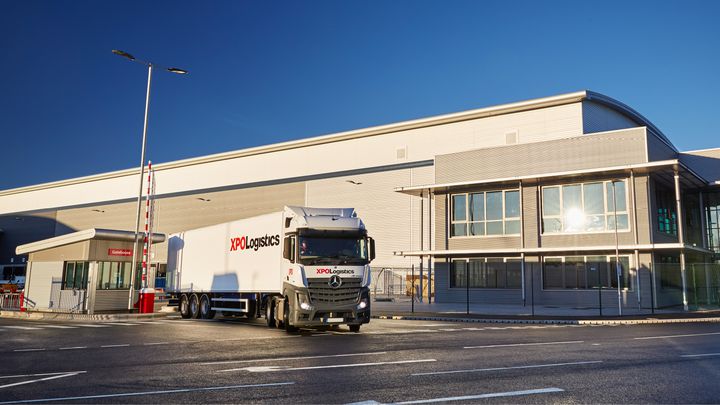 XPO Distribution services for Cromwell Tools XPO truck leaving a site